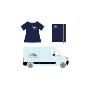 T-Shirt, Notizbuch und Transportfahrzeug, jeweils mit Beispiel-Logo versehen