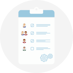 Das Icon für den Kompetenzbereich Projektmanagement zeigt eine Clipboard mit einer Liste, die Profilbilder von Personen und die ihnen zugeordneten Aufgaben zeigt.
