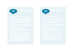 Zwei Seiten mit Text im Wireframe-Stil – eine gekennzeichnet mit DE gekennzeichnet, die andere mit EN